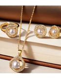 3-Piece Vintage-Inspired Faux Pearl & Rhinestone Necklace with Ring, Earrings (DZ17919)