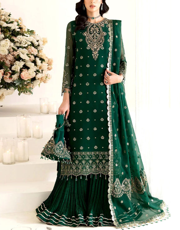 Heavy Embroidered Formal Chiffon Dress with Silk Gharara Trouser (DZ17925)