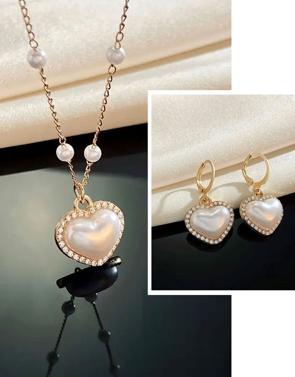 Elegant Heart Shape Pearl & Rhinestone Necklace with Earrings (DZ17942)