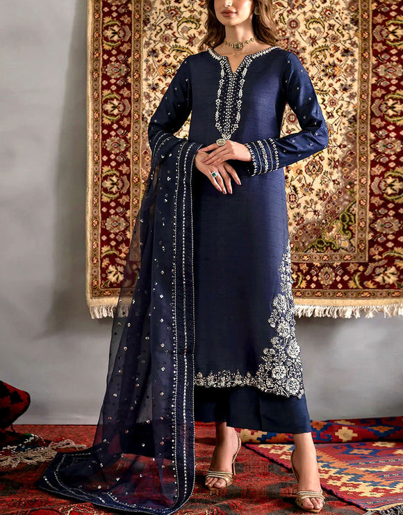 Handwork Embroidered Silk Party Wear Dress with NET Dupatta (DZ17943)