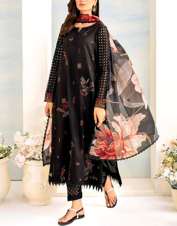 Heavy Embroidered Black Lawn Dress with Silk Dupatta (DZ17944)