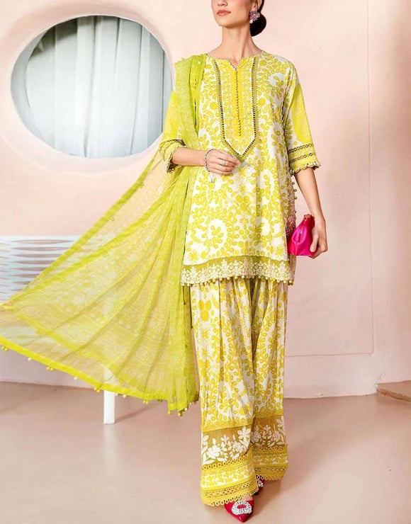 All-Over Print Embroidered Lawn Dress Design with Chiffon Dupatta (DZ17960)