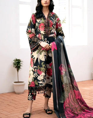 All-Over Flower Print Embroidered Lawn Dress with Chiffon Dupatta (DZ17972)