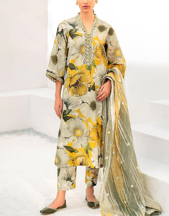 All-Over Print Embroidered EID Lawn Dress with Chiffon Dupatta (DZ17979)