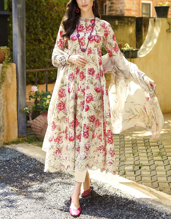 All-Over Floral Print Embroidered EID Lawn Dress with Soft Chiffon Dupatta (DZ17980)