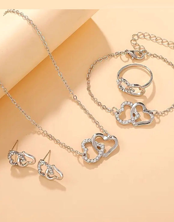 4-Piece Heart Shape Silver Jewelry Set for Girls with Bracelet, Earrings, Necklace and Ring (DZ17991)