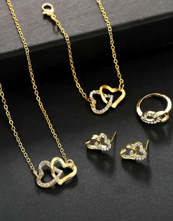 4-Piece Heart Shape Golden Jewelry Set for Girls with Bracelet, Earrings, Necklace and Ring (DZ17992)