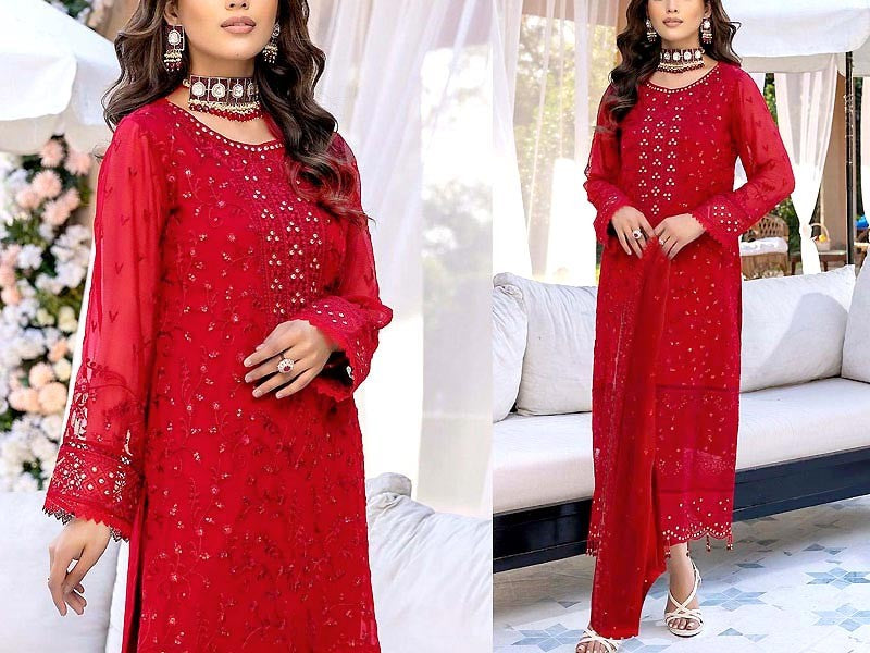 Long red chiffon dress best sale